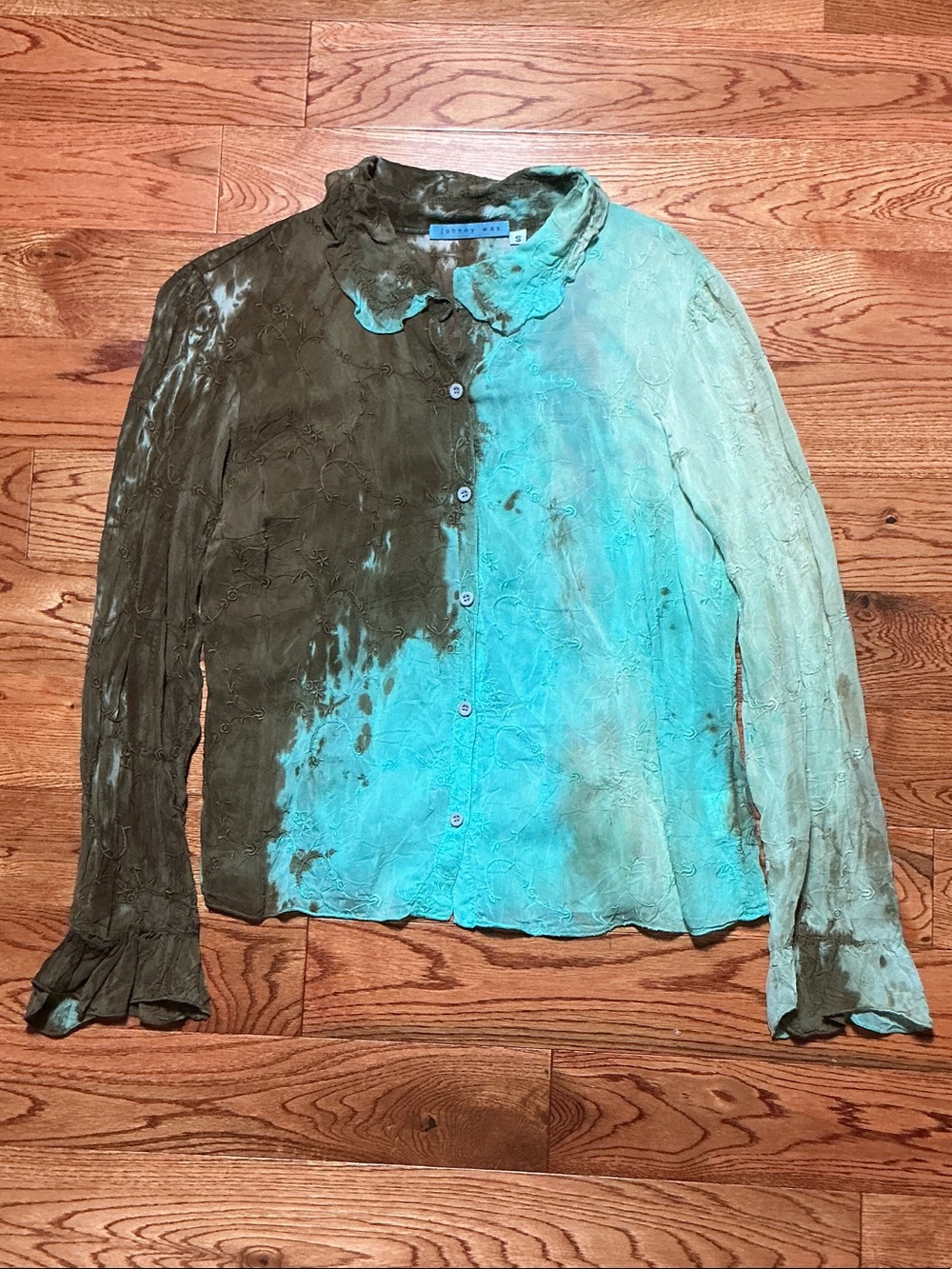 Johnny Was Brown and Turquoise Two-Tone Button-Down Blouse